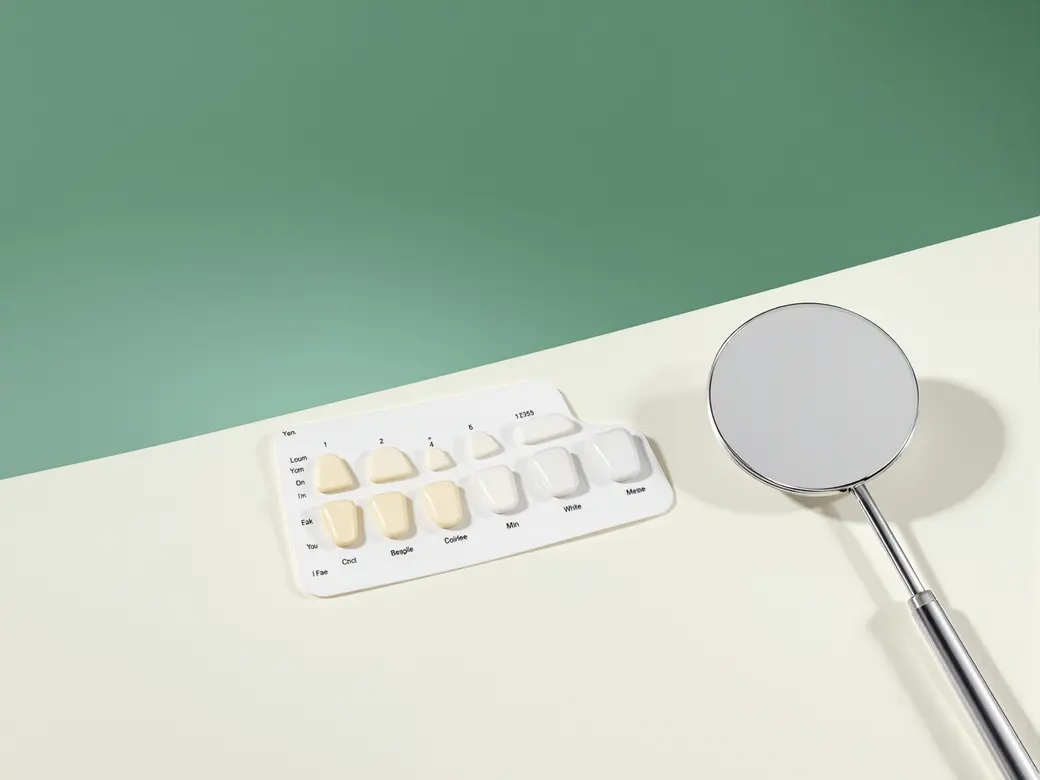 Toothbrush, dental mirror and a tooth shade guide on a light background