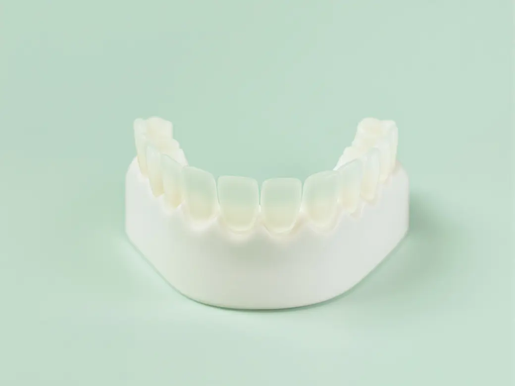Dental veneers on a tooth model at the lab bench
