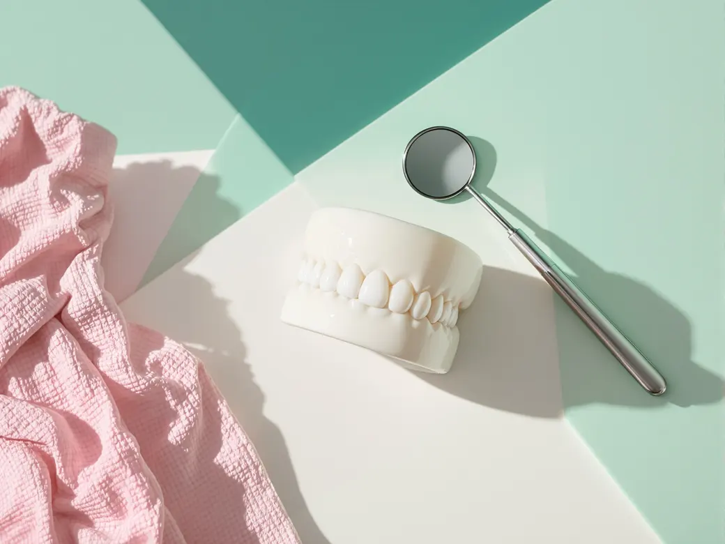 Espejo dental y explorador junto a un modelo de dientes sobre una bandeja clara