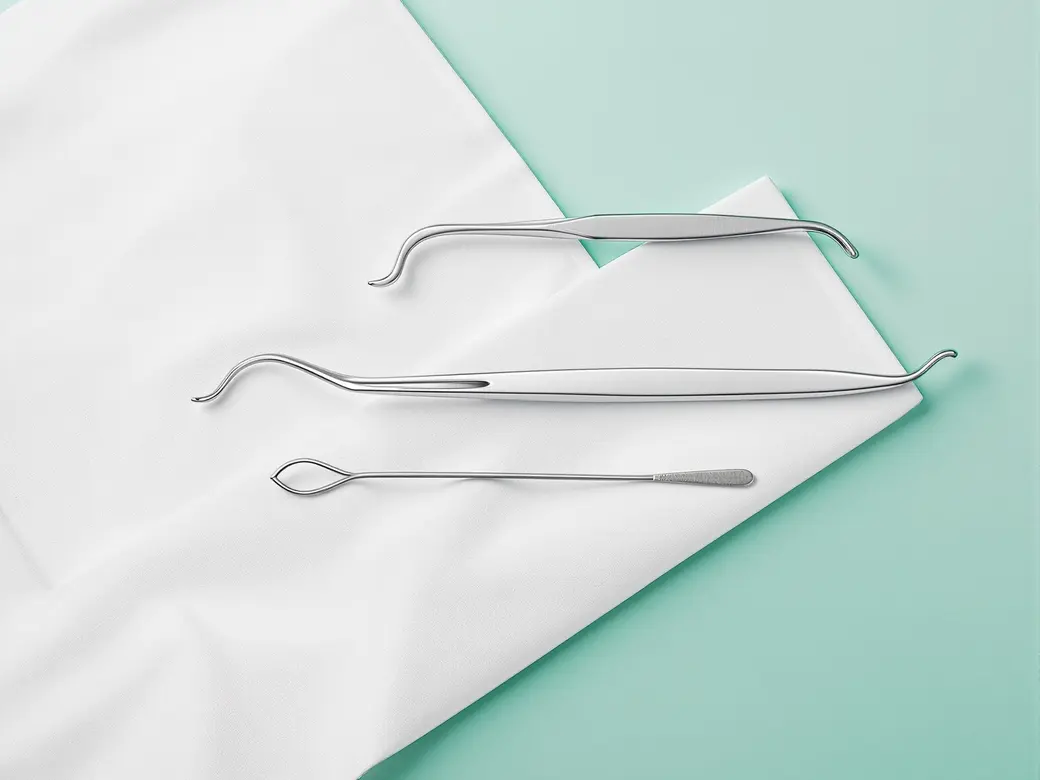 Oral surgery instruments laid out on a clinical tray