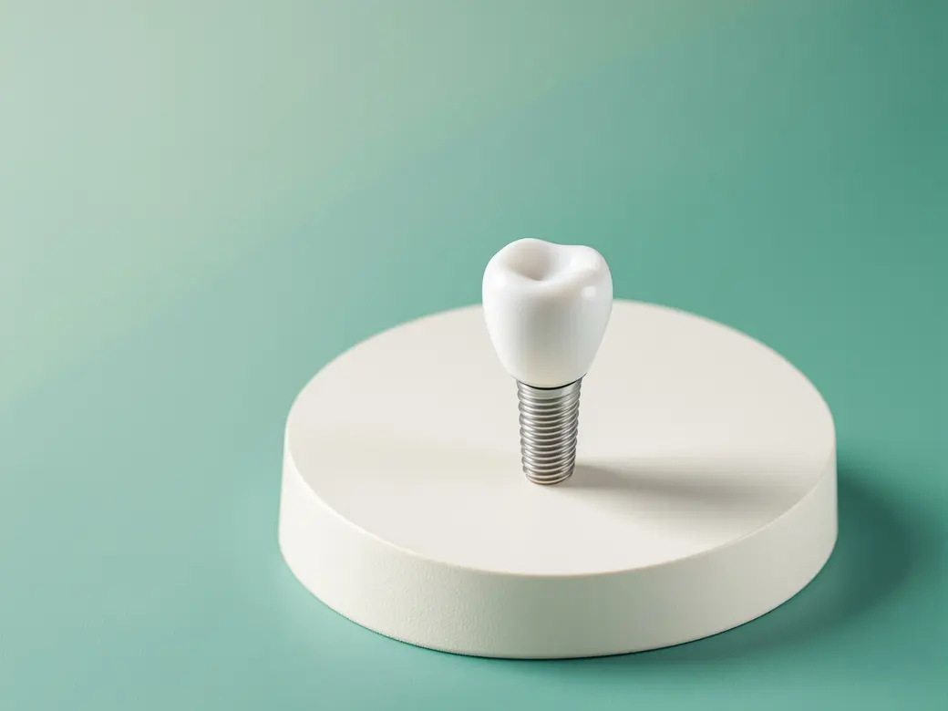 A dental implant model with its crown on a light surface