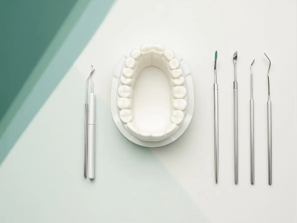A dental lab bench with a plaster model and working tools