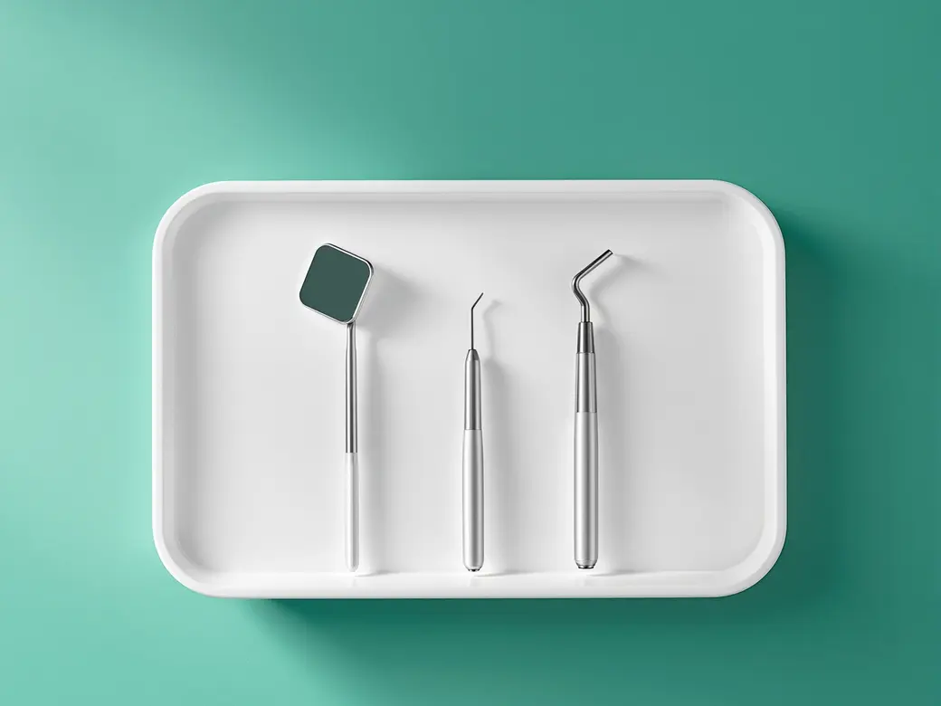 Toothbrush, dental mirror and ultrasonic cleaning equipment on a light background