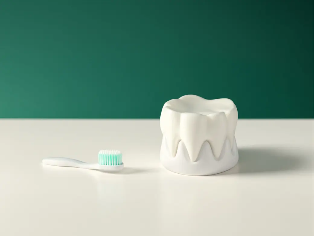 A child's toothbrush and a model of baby teeth on a light background