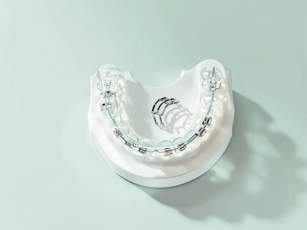 A clear aligner and braces on a light surface at the dental office
